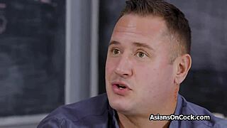 asian teen RIDES TEACHER'S COCK by the CHALKBOARD in classroom