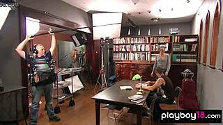 amateur blonde babe nicole in glasses serving a big cock in the library