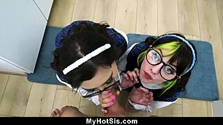 My stepsisters get on their knees and gag on my dick