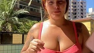 Redhead exhibitionist with swollen pussy flashing on live stream, big ass exposed