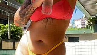 Redhead exhibitionist with swollen pussy flashing on live stream, big ass exposed