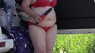 mature lesbians in lingerie get watched by voyeur in public park