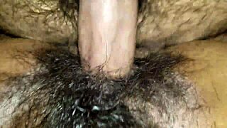 Wife's hairy pussy gets creamy during intense fucking session.