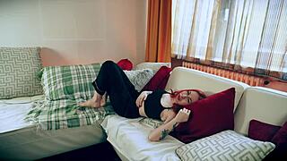 Annoyed redhead gets her pussy fucked hard on the couch