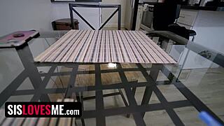 Petite stepsister rides big cock blindfolded