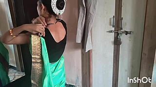 Village bhabhi Shivani stuns in green saree at a homemade gathering.