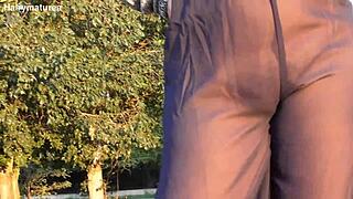 Hairy mature woman flashes pussy in see-through clothes, nude exhibitionist amateur