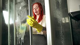the redhead cleans shower but gets bent over for rough pussy fucking.