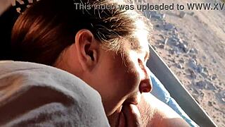 public teen gives risky blowjob to boyfriend on camping trip