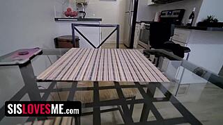 Petite stepsister rides big cock blindfolded