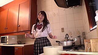 Young Japanese Slut Gives Blowjob and Gets Cumshot in Cute Kitchen Uniform Sex Scene with Micro Bikini Action