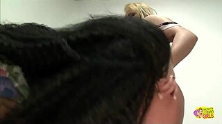 busty blonde plays with herself as cute brunette kisses her huge boobs.