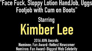 How does Kimber Lee drain that lucky cock with her boots and feet?