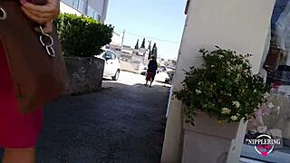 Kinky mother flashes pierced nipples on street