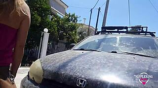 Kinky mother flashes pierced nipples on street