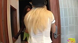 angela stone fucks her big titty brunette friend hard with strapon