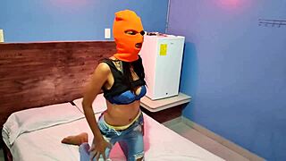 My Brunette Stepsister Wants Halloween Celebration in Hotel Bed, Masks and Shakes Body Sexy, Gets Naked!