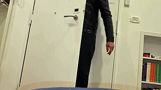 Sexy perverse moans during masturbation with pissing and leather jacket