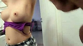 stepsister watches stepbrother jerk on big tits in shower