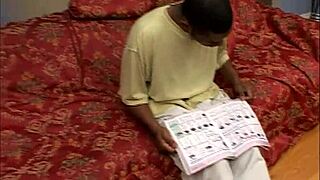 Afro American babe in stockings gets pounded with cumshot in scene 2.