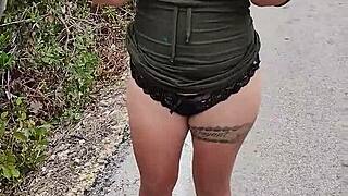 Mexican whore flashes her ass and natural tits on a public highway for all to see
