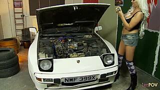 lesbians worship each other's pussies with dildos at the mechanic shop