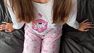 I’m a horny 18yo teen in pajamas, fingering my wet pussy to squirt. Then I get a massive cumshot from a huge cock!