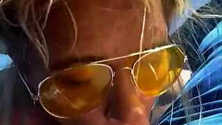 Cheating blonde whore sucks cock and gets facial in public midday