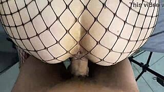 skinny young girl in fishnets gets creampie and facial