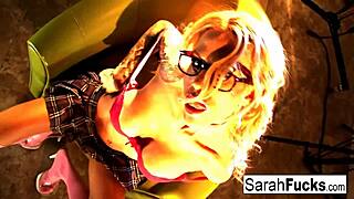 Does busty Sarah masturbate after dressing up?