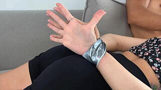 Mom's friend enjoys chatting with hands bound