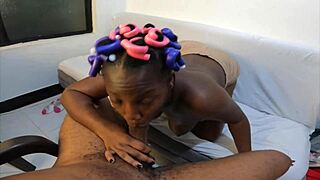 Naughty girl with curlers sucks cock perfectly.