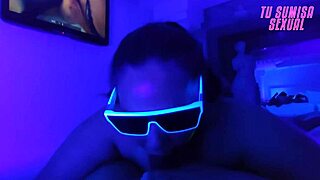 Young Submissive Stepdaughter Gives Deepthroat Blowjob With Choking, Gagging, Spitting, And Licking In Neon Room