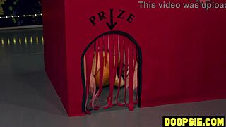 Unbelievable! Two big dick shemales dominate a petite 18+ Asian teen at the arcade!