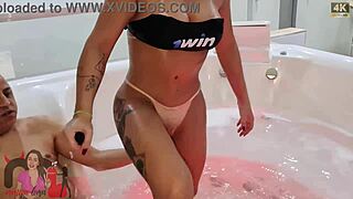 Tanned woman enjoys big cock in bathtub while husband watches