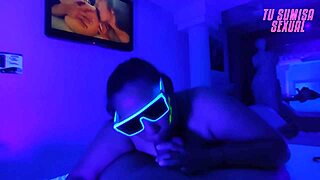Young Submissive Stepdaughter Gives Deepthroat Blowjob With Choking, Gagging, Spitting, And Licking In Neon Room