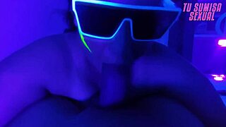 Young Submissive Stepdaughter Gives Deepthroat Blowjob With Choking, Gagging, Spitting, And Licking In Neon Room