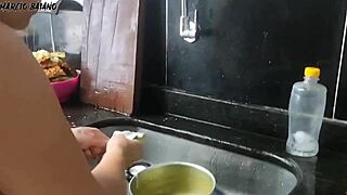 women in high heels seduce friend in kitchen for sex, leading to bisexual threesome with big black cock