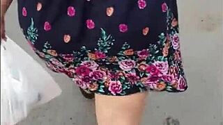 Following Curvy Mommy In Skirt And Thong Outdoors