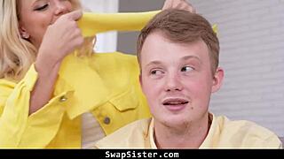 Blindfolded stepsisters get swapped by stepbrothers, leading to an intense foursome with blowjobs and doggystyle.