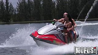 Intense threesome on seadoo, sucking cocks outdoor in public pov