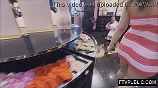 Public Mall Nudity: Suggestive Flashing of Nude Body by American Pornstar in Shop