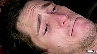 Busty blonde mistress dominates bound male with anal fucking and toys.