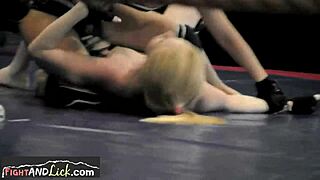 European lesbian babes passionately wrestling in panties, big tits bouncing during athletic fight