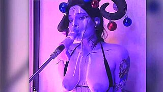 devil filled with cum passionately gives blowjobs in costumes with big tits and tattoos