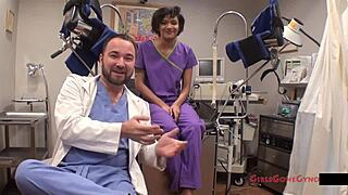 jackie banes undergoes her yearly physical, wearing jeans and latex gloves, showing her natural tits