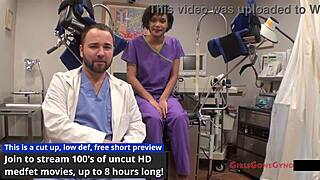 jackie banes undergoes her yearly physical, wearing jeans and latex gloves, showing her natural tits