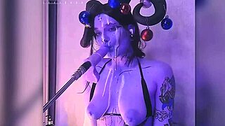 devil filled with cum passionately gives blowjobs in costumes with big tits and tattoos