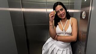 Latina milf neighbor enjoys first interracial sex in elevator
