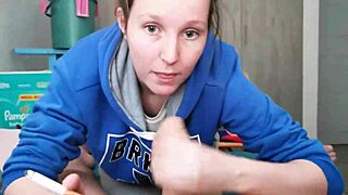 Brunette in hoodie chats casually